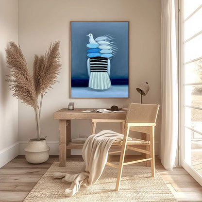 MIND'S FLIGHT: Textured Figurative Painting with Dove Motif | gold frame stretched on neutral wall