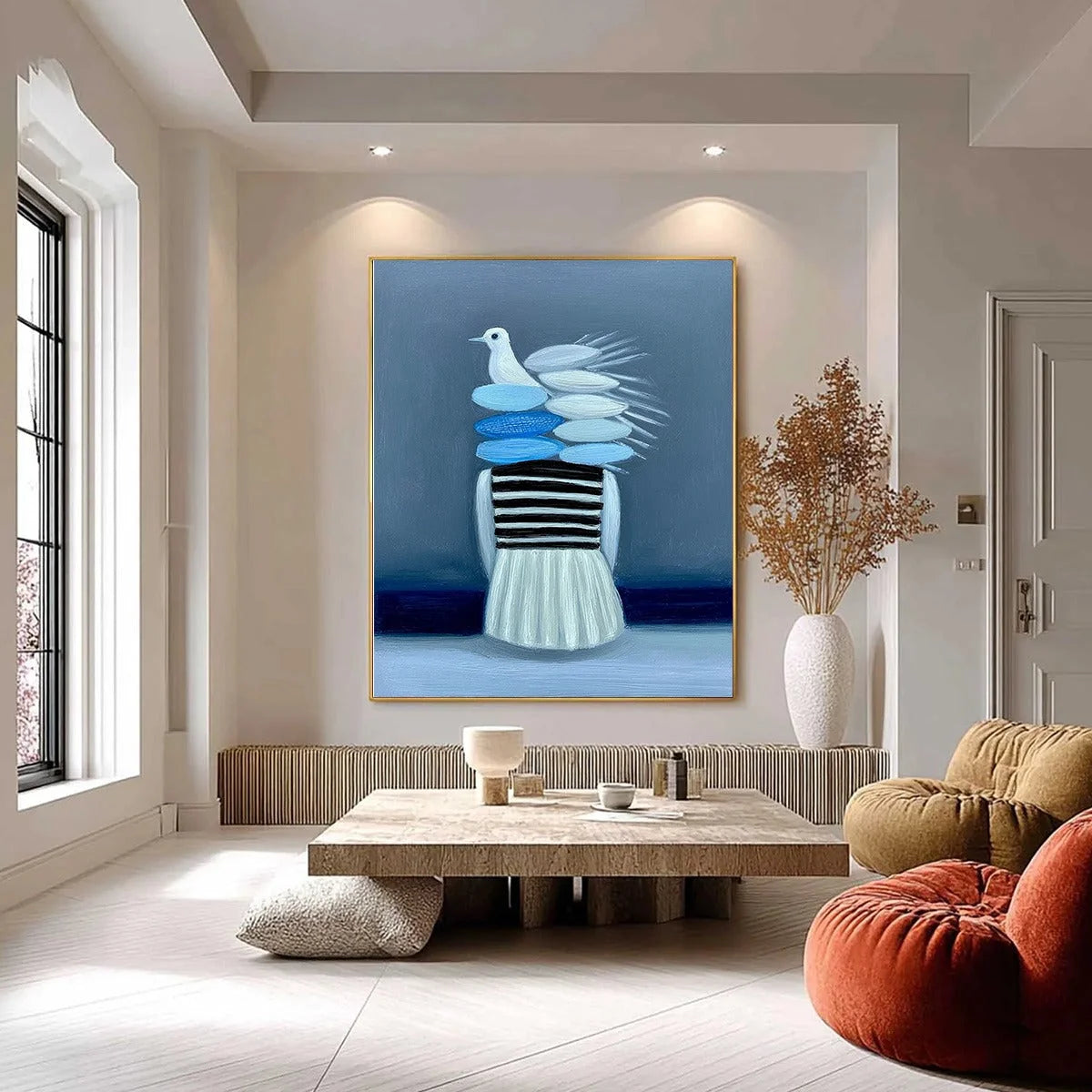 MIND'S FLIGHT: Textured Figurative Painting with Dove Motif | black frame version on white wall
