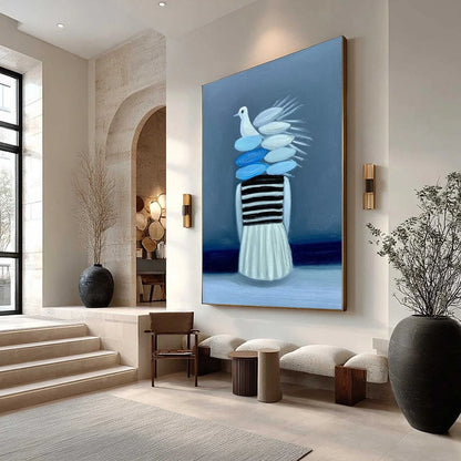 MIND'S FLIGHT: Textured Figurative Painting with Dove Motif | Figurative mood, soft natural light studio shot