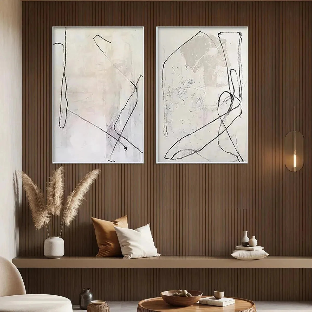 MINIMALIST ABSTRACT DIPTYCH: Beige Abstract Painting Set of 2 | gold frame stretched on neutral wall