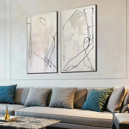 MINIMALIST ABSTRACT DIPTYCH: Beige Abstract Painting Set of 2 | black frame version on white wall