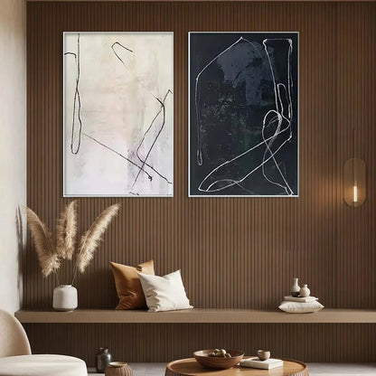 MINIMALIST ABSTRACT DUO: Set of 2 Abstract Paintings in Black and White | gold frame stretched on neutral wall