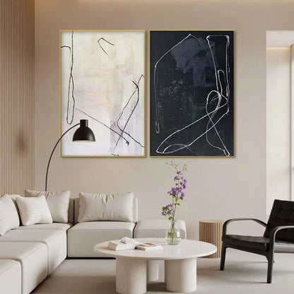 MINIMALIST ABSTRACT DUO: Set of 2 Abstract Paintings in Black and White | rolled canvas, ready for custom framing