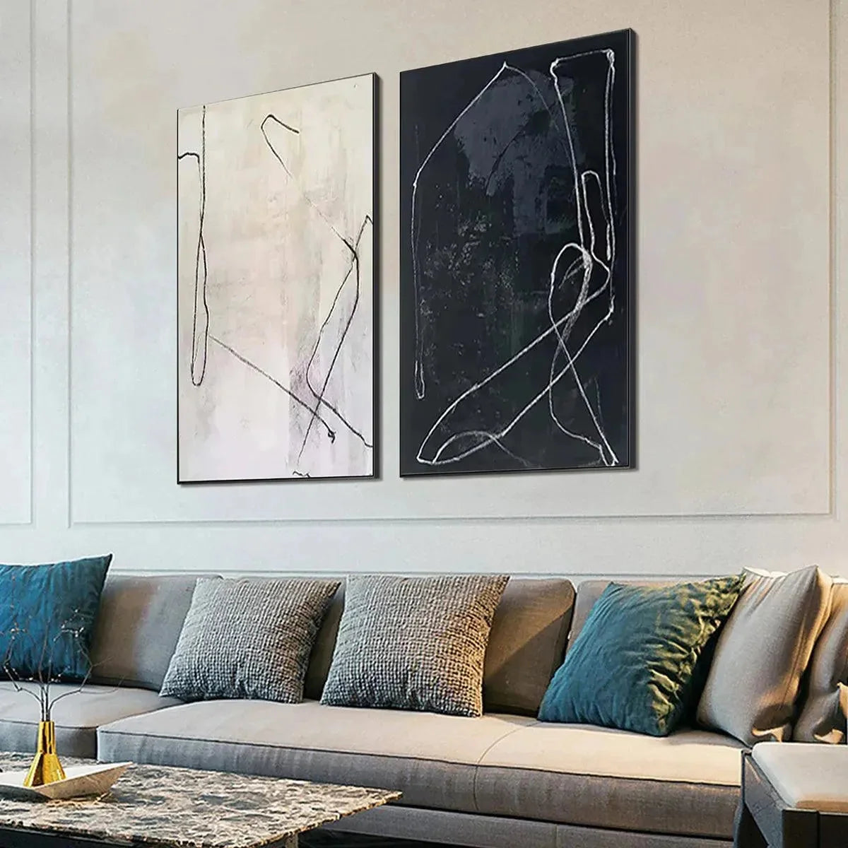 MINIMALIST ABSTRACT DUO: Set of 2 Abstract Paintings in Black and White | Minimalist mood, soft natural light studio shot