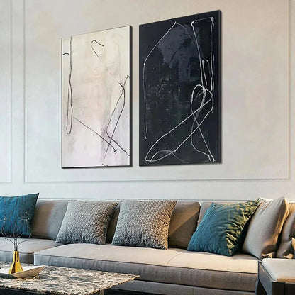 MINIMALIST ABSTRACT DUO: Set of 2 Abstract Paintings in Black and White | Minimalist mood, soft natural light studio shot