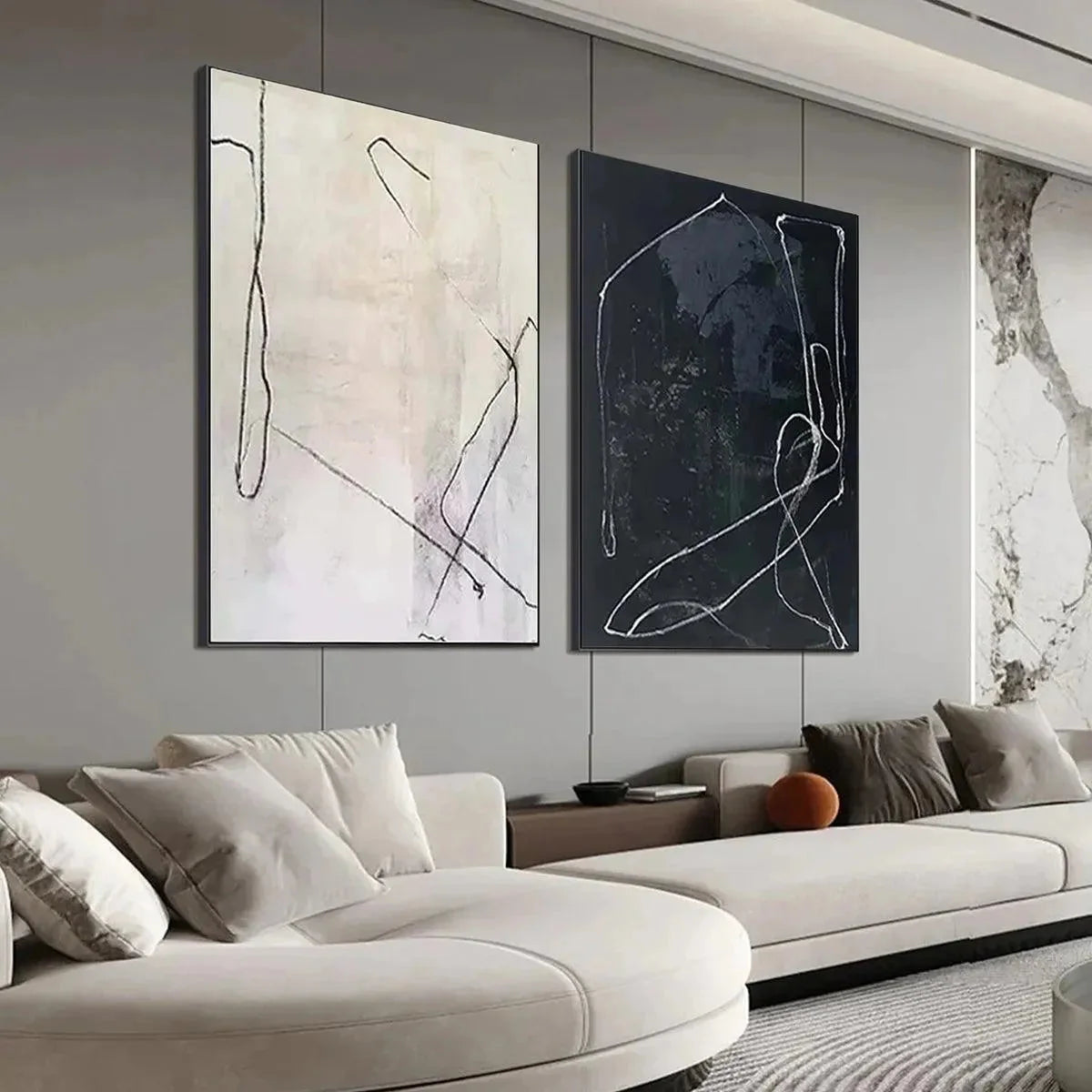 MINIMALIST ABSTRACT DUO: Set of 2 Abstract Paintings in Black and White | beige palette, original oil on stretched canvas art