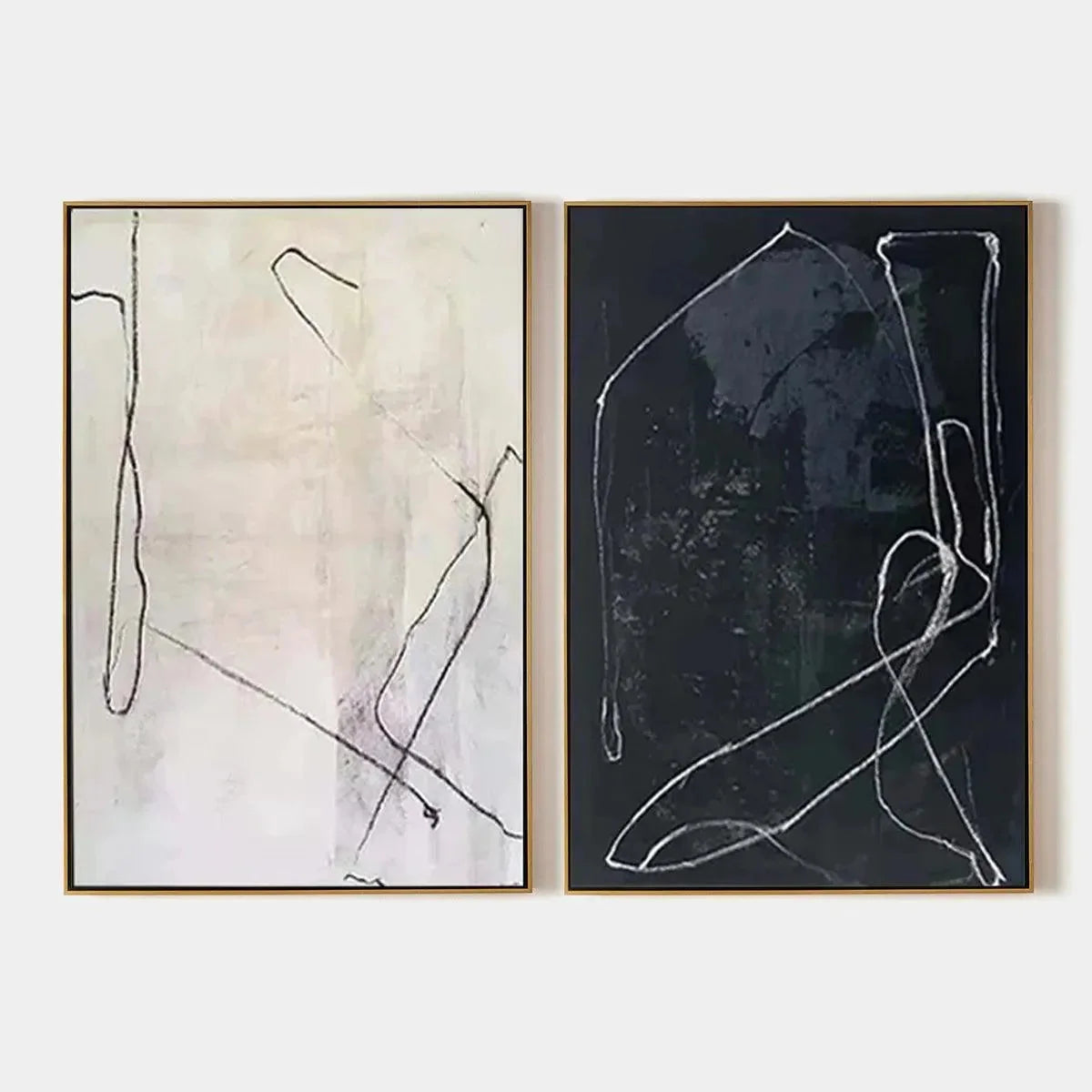 MINIMALIST ABSTRACT DUO: Set of 2 Abstract Paintings in Black and White | hanging in living room, Minimalist wall art