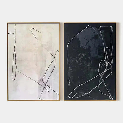 MINIMALIST ABSTRACT DUO: Set of 2 Abstract Paintings in Black and White | hanging in living room, Minimalist wall art