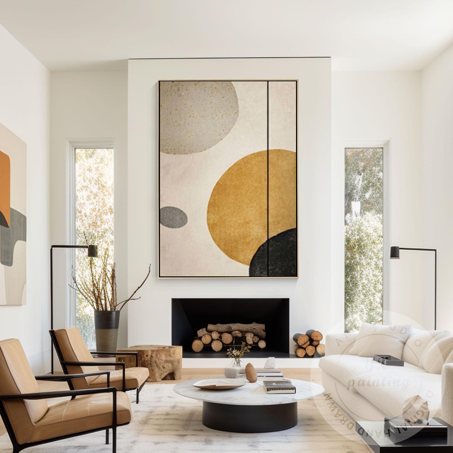 Minimalist Abstract Geometric Wall Art Canvas, Neutral Beige Gold Circle Paintin #4