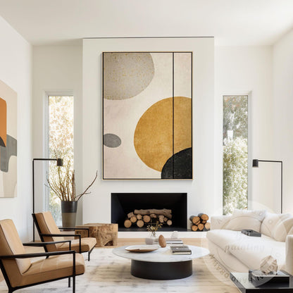 Minimalist Abstract Geometric Wall Art Canvas, Neutral Beige Gold Circle Paintin #4