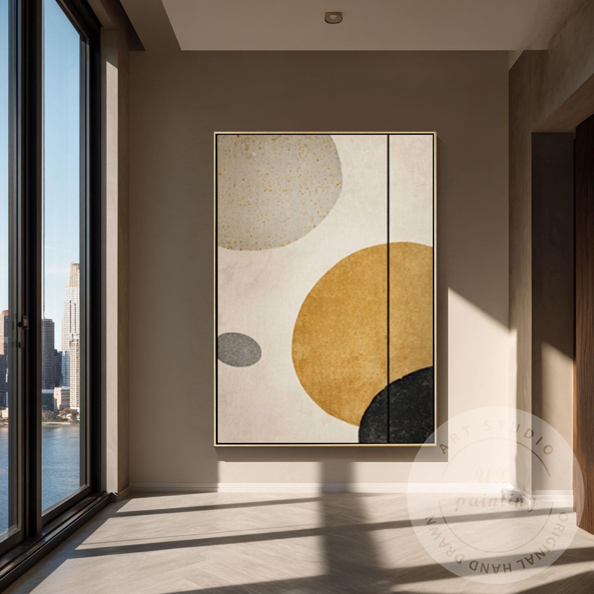 Minimalist Abstract Geometric Wall Art Canvas, Neutral Beige Gold Circle Paintin #5