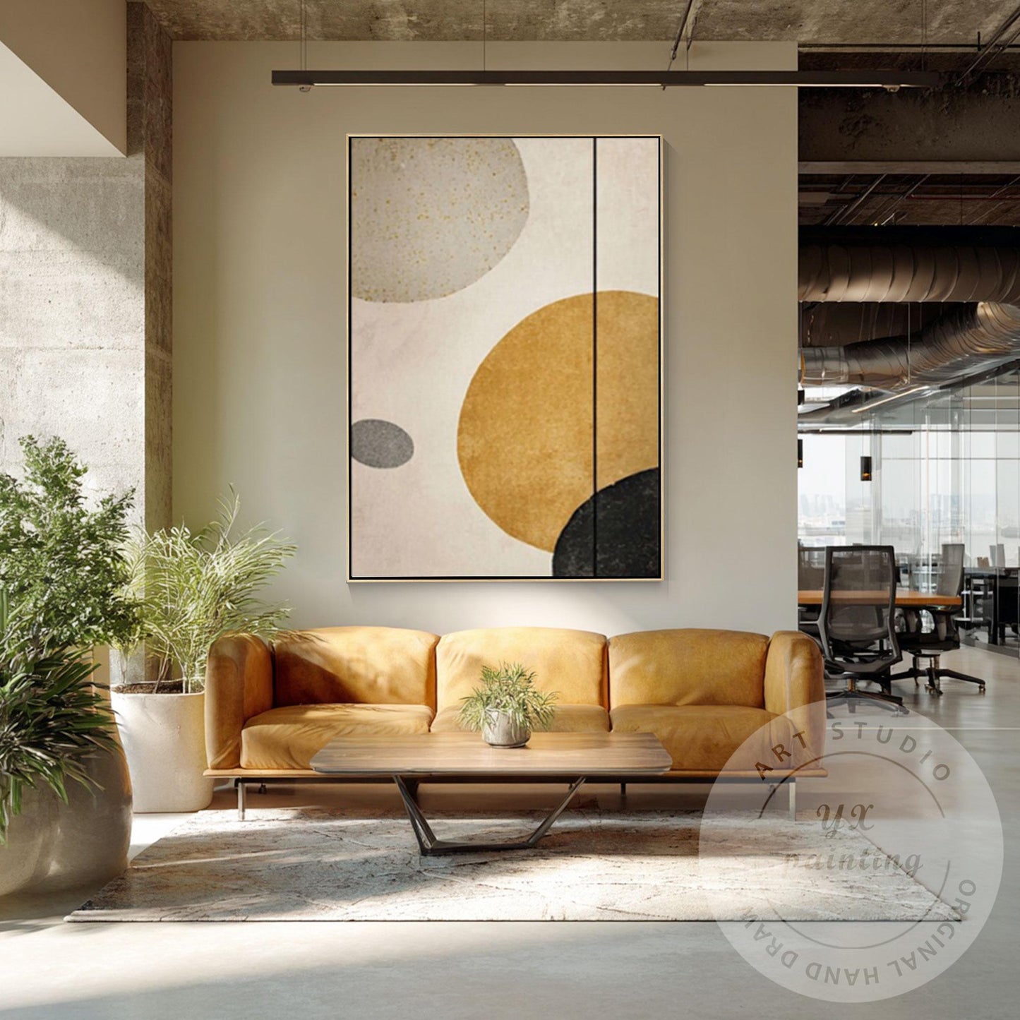 Minimalist Abstract Geometric Wall Art Canvas, Neutral Beige Gold Circle Paintin #1