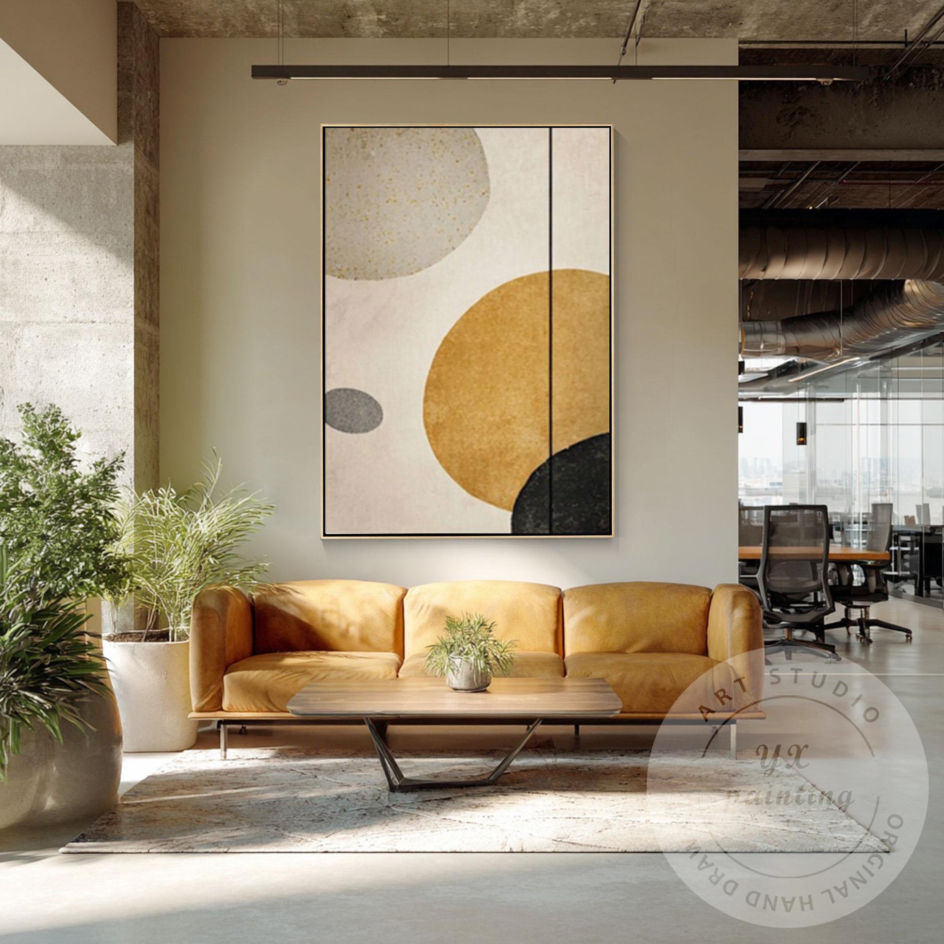 Minimalist Abstract Geometric Wall Art Canvas, Neutral Beige Gold Circle Paintin #1