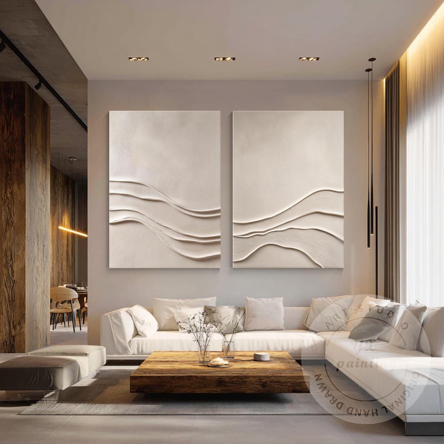 Minimalist Beige Textured Wall Art Set of 2, Abstract Plaster Canvas, Neutral Ja #1