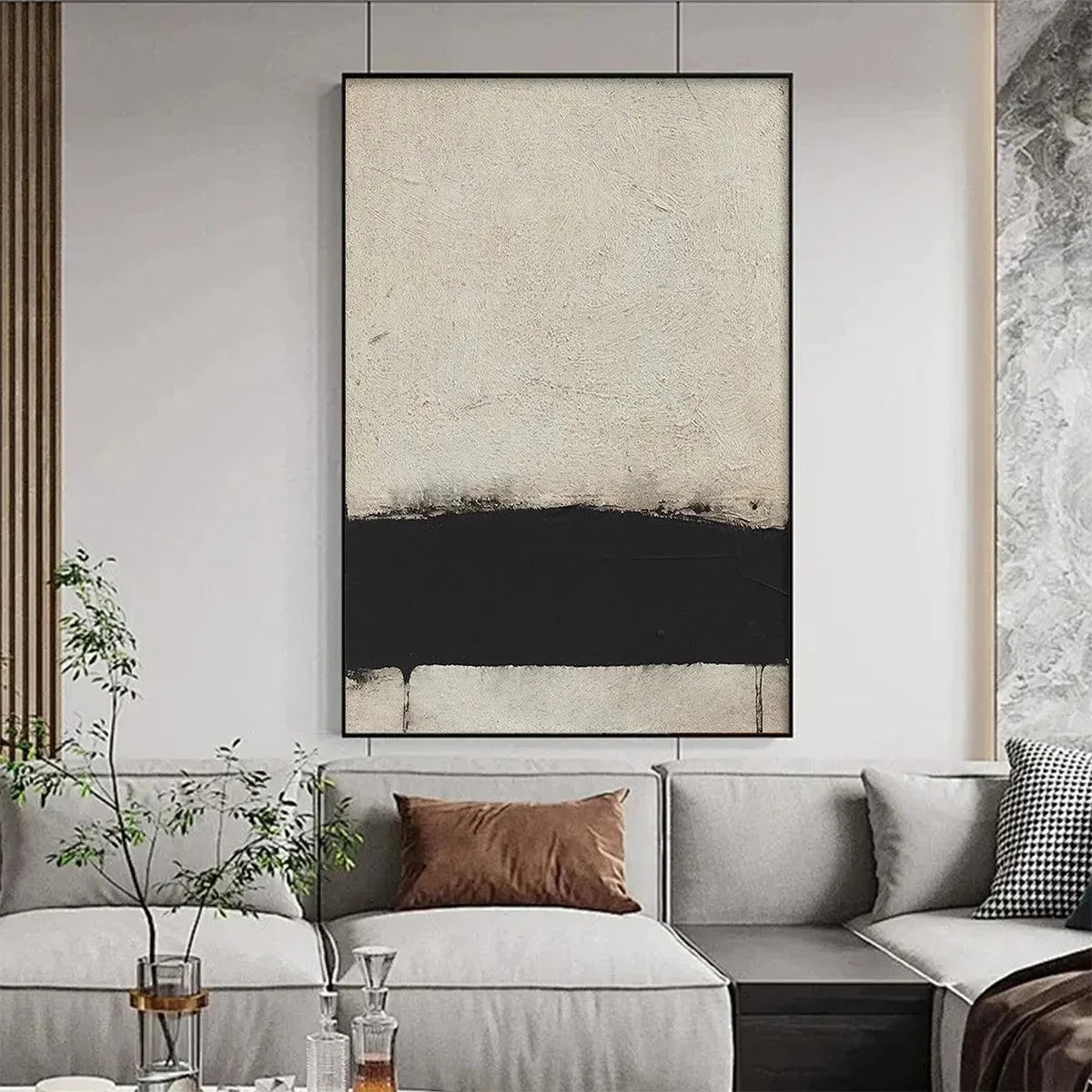 MINIMALIST BLACK AND WHITE LANDSCAPE: Textured Abstract Painting, Vertical Wall Art | Minimalist closeup, raised brushwork detail