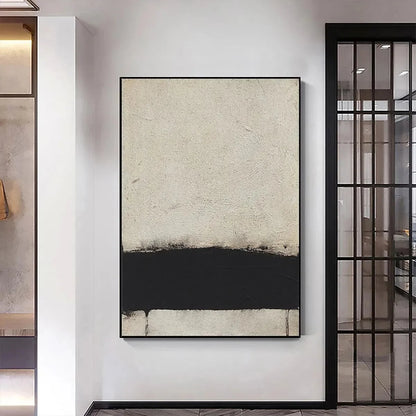 MINIMALIST BLACK AND WHITE LANDSCAPE: Textured Abstract Painting, Vertical Wall Art | gold frame stretched on neutral wall