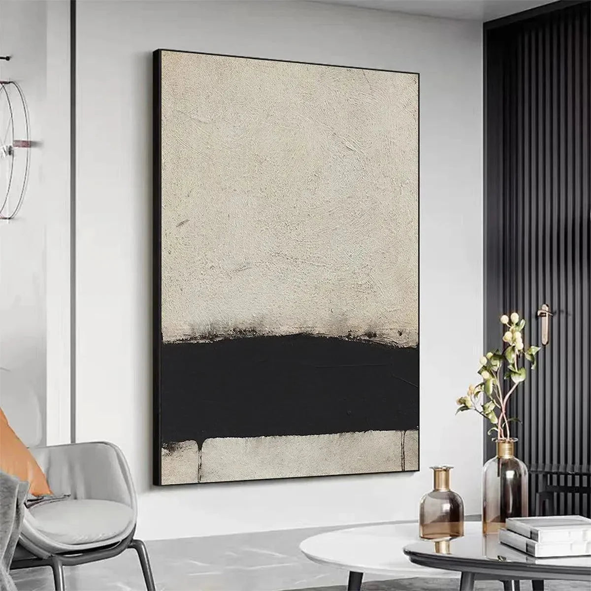 MINIMALIST BLACK AND WHITE LANDSCAPE: Textured Abstract Painting, Vertical Wall Art | rolled canvas, ready for custom framing