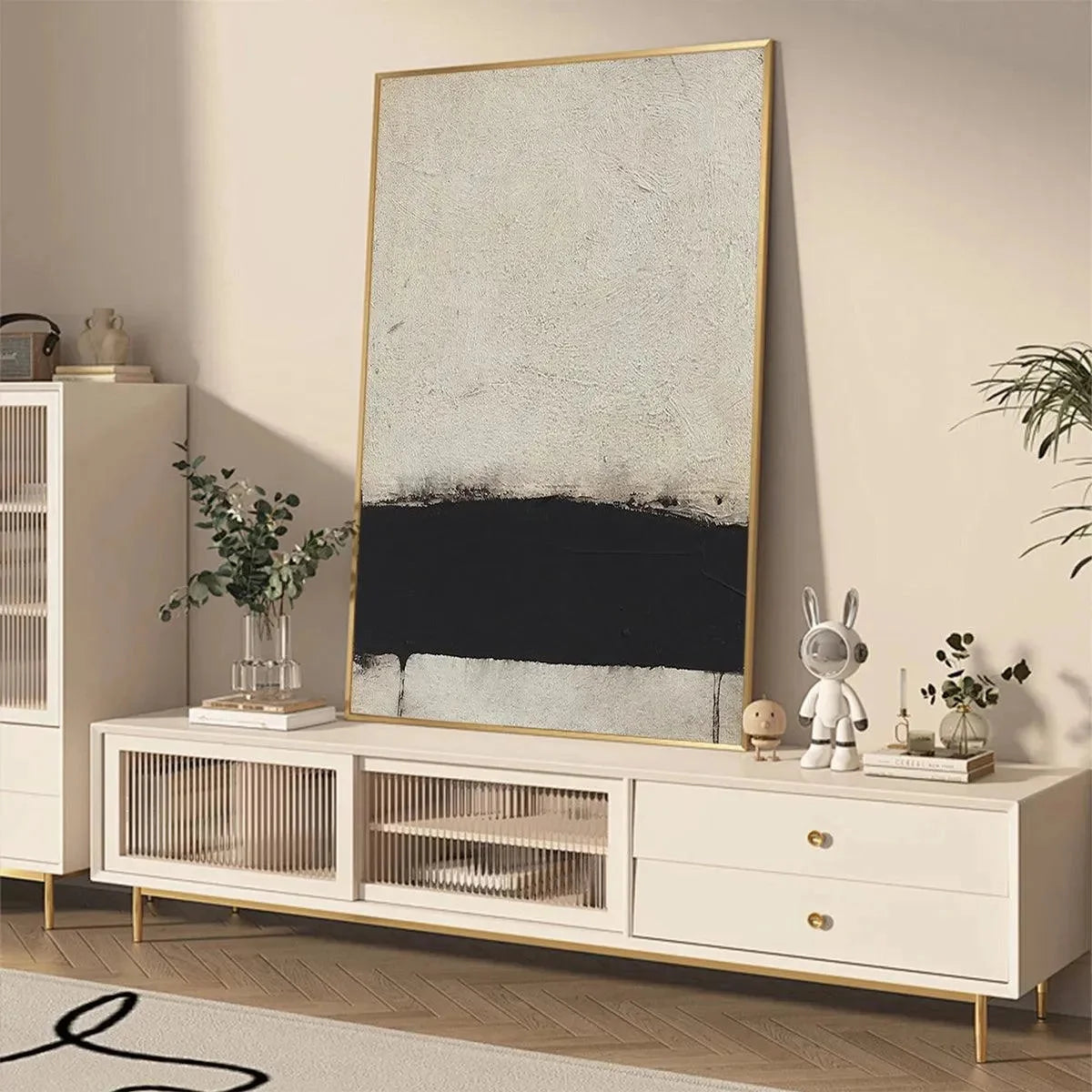 MINIMALIST BLACK AND WHITE LANDSCAPE: Textured Abstract Painting, Vertical Wall Art | black frame version on white wall