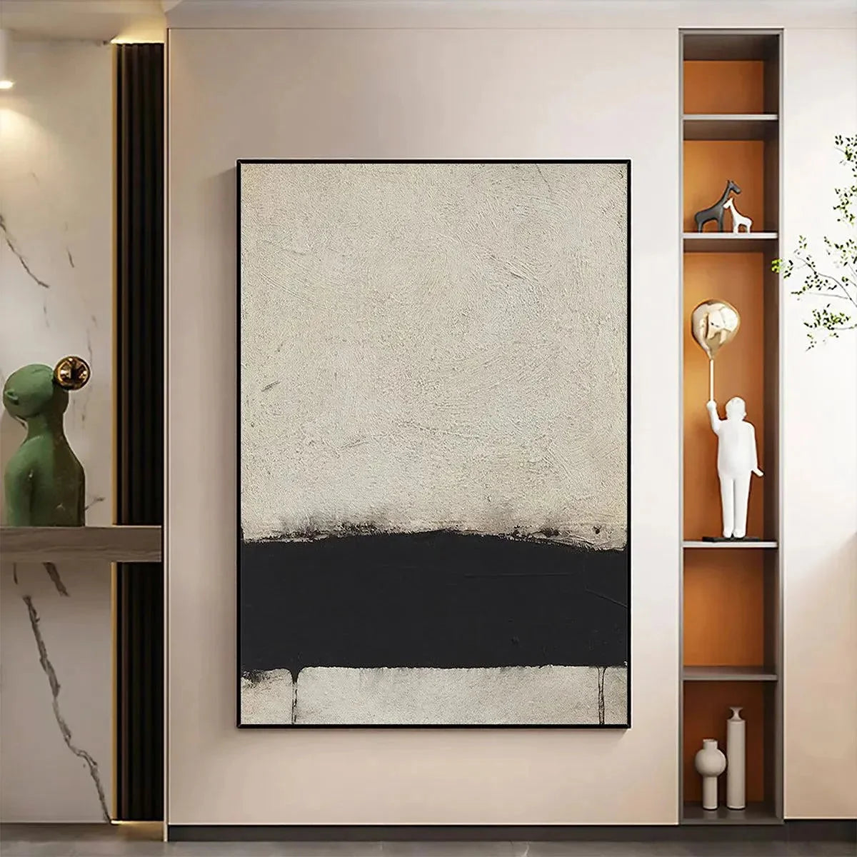 MINIMALIST BLACK AND WHITE LANDSCAPE: Textured Abstract Painting, Vertical Wall Art | beige palette, original oil on stretched canvas art