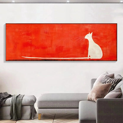 MINIMALIST CAT ON RED PANORAMIC: Cat Painting, Panoramic Wall Art, Minimalist Decor | Minimalist closeup, raised brushwork detail