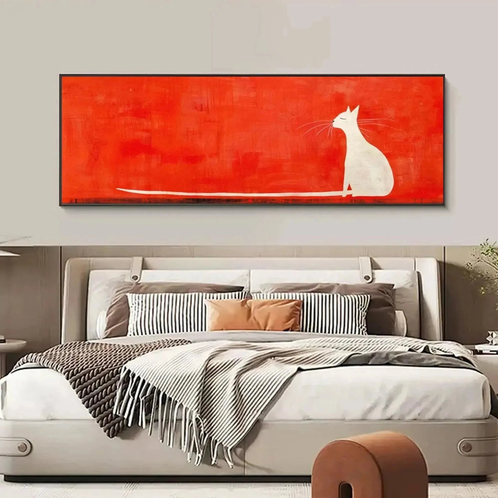 MINIMALIST CAT ON RED PANORAMIC: Cat Painting, Panoramic Wall Art, Minimalist Decor | gold frame stretched on neutral wall