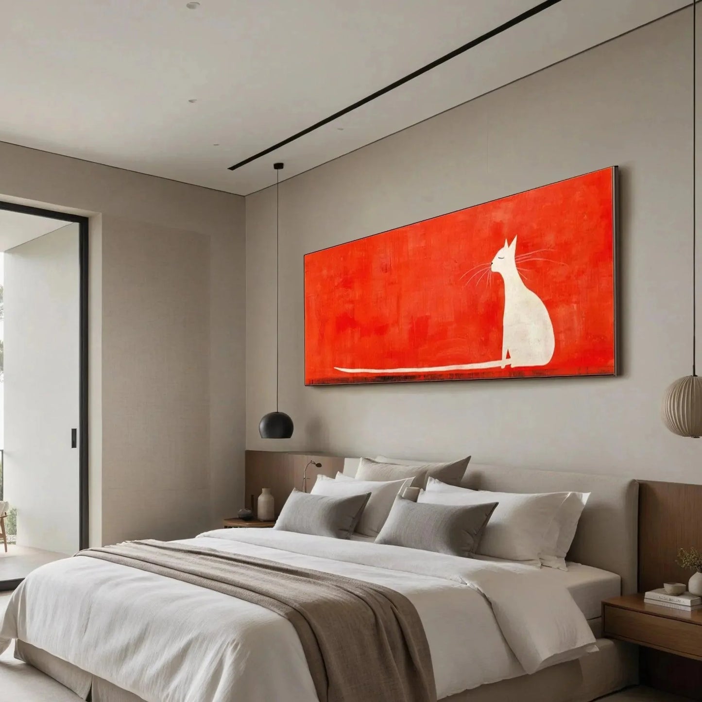 MINIMALIST CAT ON RED PANORAMIC: Cat Painting, Panoramic Wall Art, Minimalist Decor | black frame version on white wall