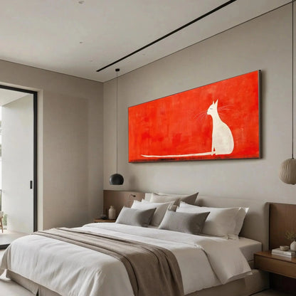 MINIMALIST CAT ON RED PANORAMIC: Cat Painting, Panoramic Wall Art, Minimalist Decor | black frame version on white wall
