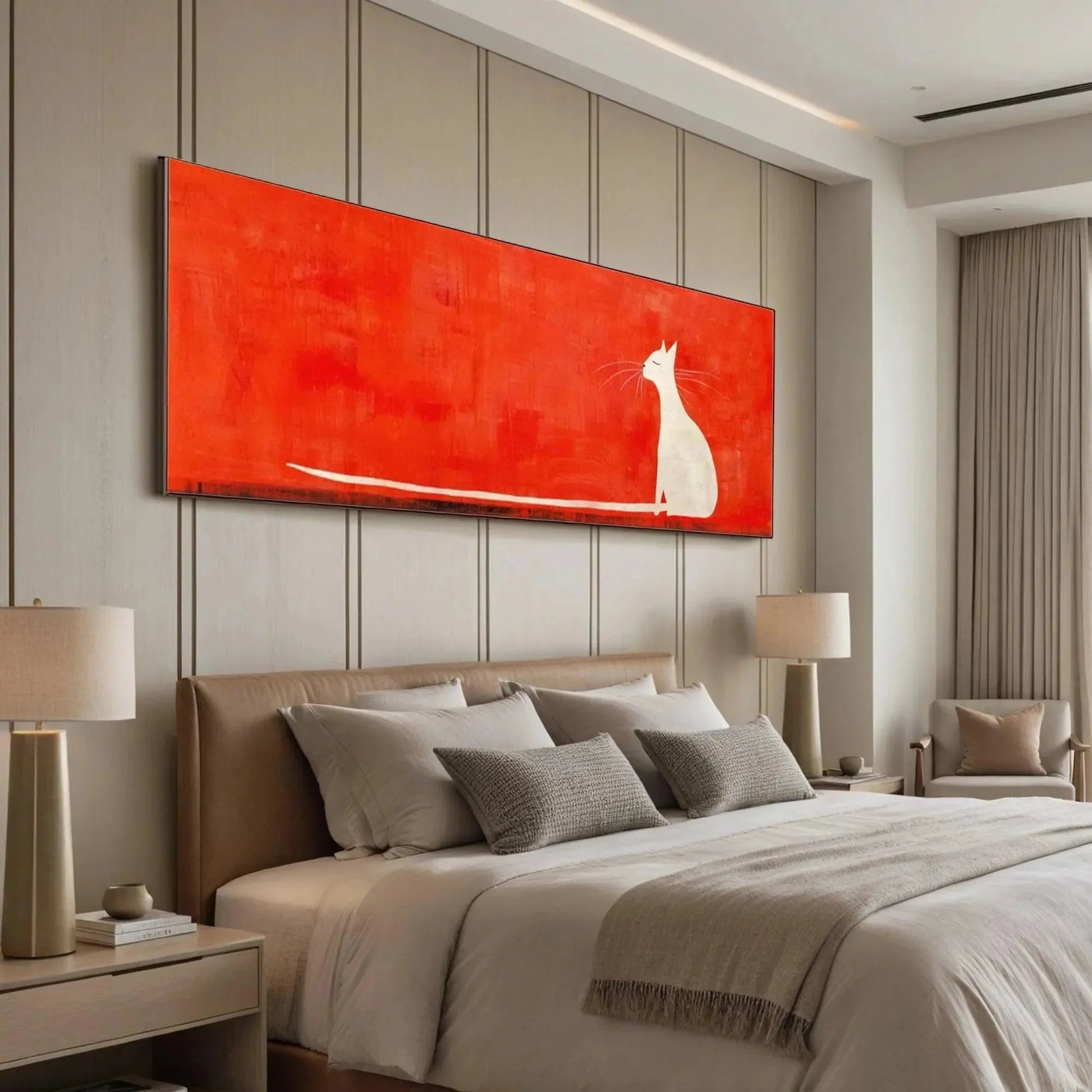 MINIMALIST CAT ON RED PANORAMIC: Cat Painting, Panoramic Wall Art, Minimalist Decor | Minimalist mood, soft natural light studio shot