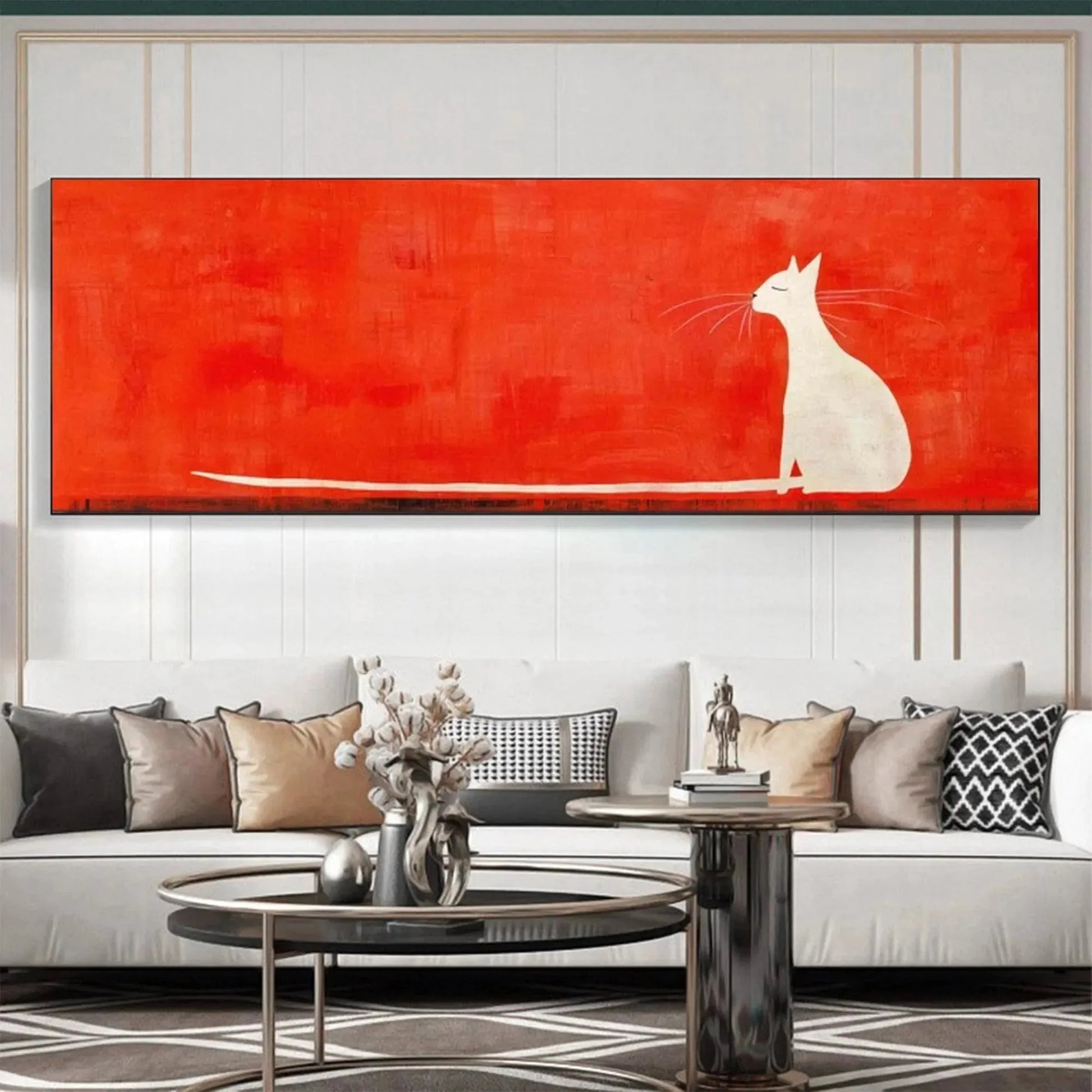 MINIMALIST CAT ON RED PANORAMIC: Cat Painting, Panoramic Wall Art, Minimalist Decor | multi-color palette, original oil on stretched canvas art