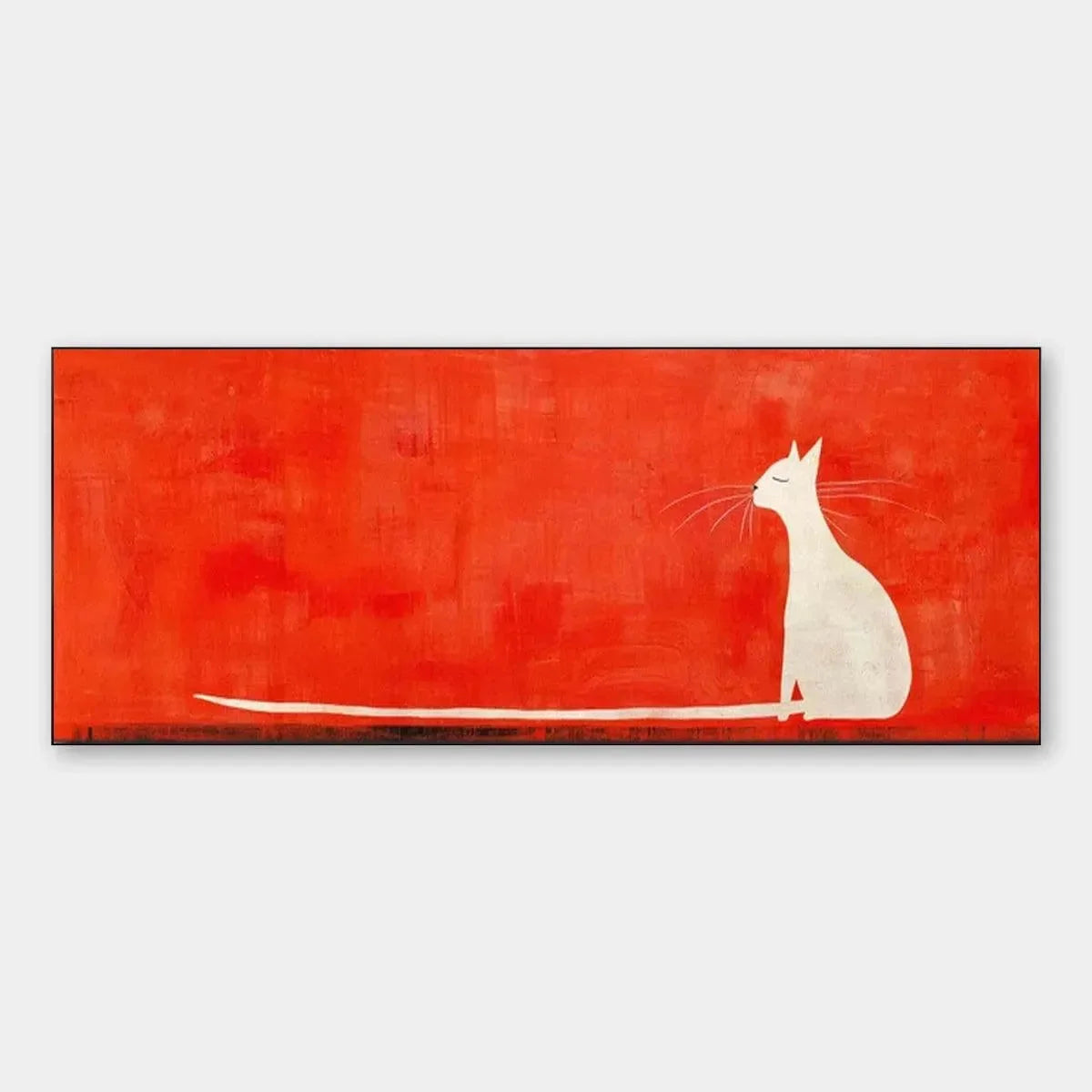 MINIMALIST CAT ON RED PANORAMIC: Cat Painting, Panoramic Wall Art, Minimalist Decor | hanging in living room, Minimalist wall art