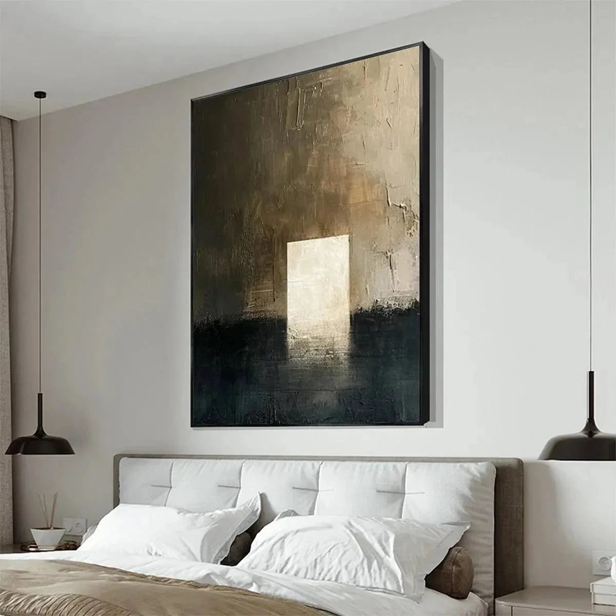 MINIMALIST DOORWAY: Textured Abstract Painting, Vertical Wall Art | gold frame stretched on neutral wall