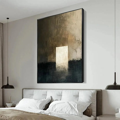 MINIMALIST DOORWAY: Textured Abstract Painting, Vertical Wall Art | gold frame stretched on neutral wall