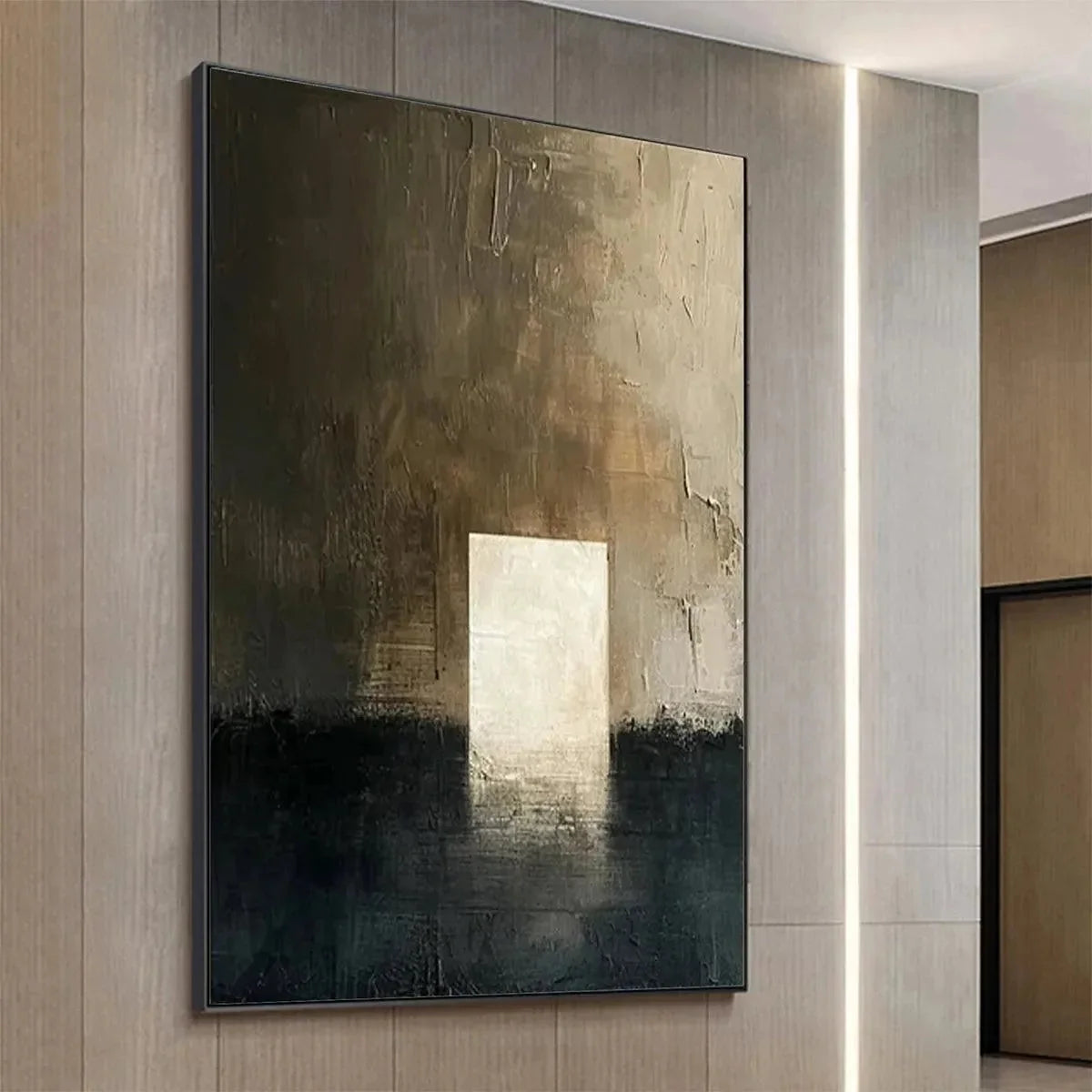 MINIMALIST DOORWAY: Textured Abstract Painting, Vertical Wall Art | black frame version on white wall