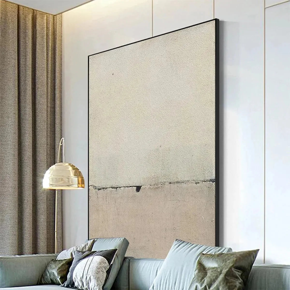 MINIMALIST EARTHSCAPE: Neutral Abstract Landscape Painting, Vertical Wall Art | gold frame stretched on neutral wall