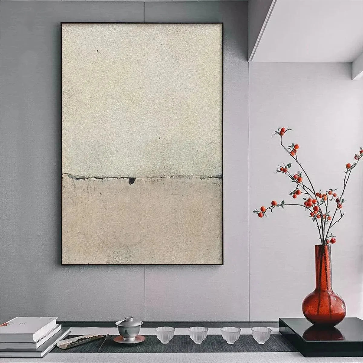 MINIMALIST EARTHSCAPE: Neutral Abstract Landscape Painting, Vertical Wall Art | black frame version on white wall
