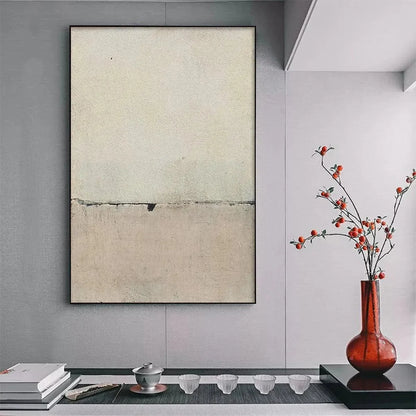 MINIMALIST EARTHSCAPE: Neutral Abstract Landscape Painting, Vertical Wall Art | black frame version on white wall