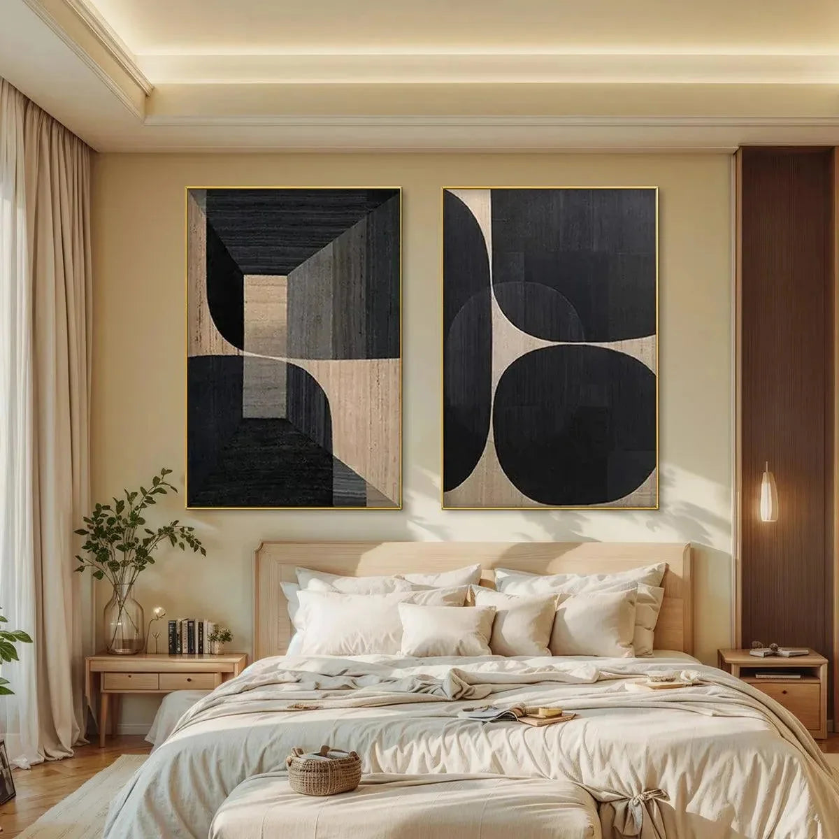 MINIMALIST GEOMETRIC DIPTYCH: Abstract Geometric Painting Set of 2, Square Wall Art | gold frame stretched on neutral wall