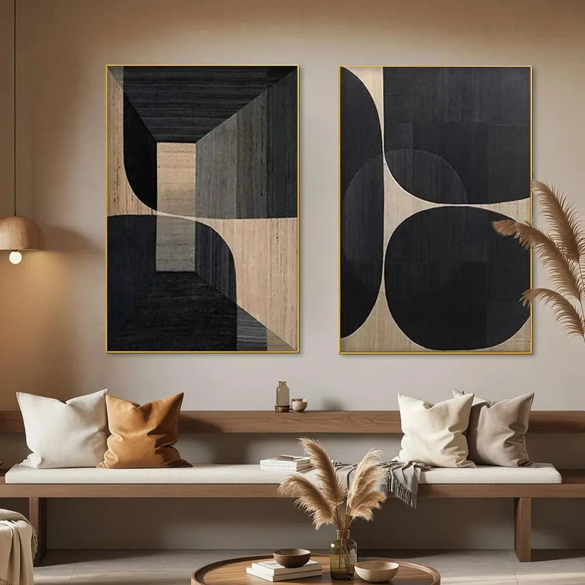 MINIMALIST GEOMETRIC DIPTYCH: Abstract Geometric Painting Set of 2, Square Wall Art | rolled canvas, ready for custom framing