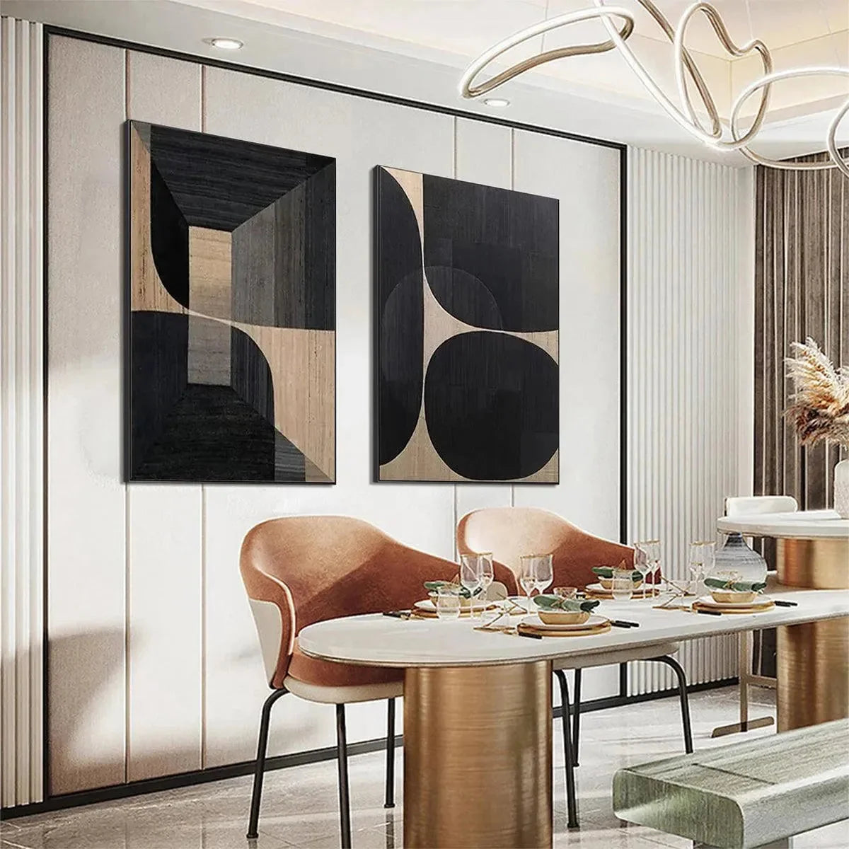 MINIMALIST GEOMETRIC DIPTYCH: Abstract Geometric Painting Set of 2, Square Wall Art | black frame version on white wall