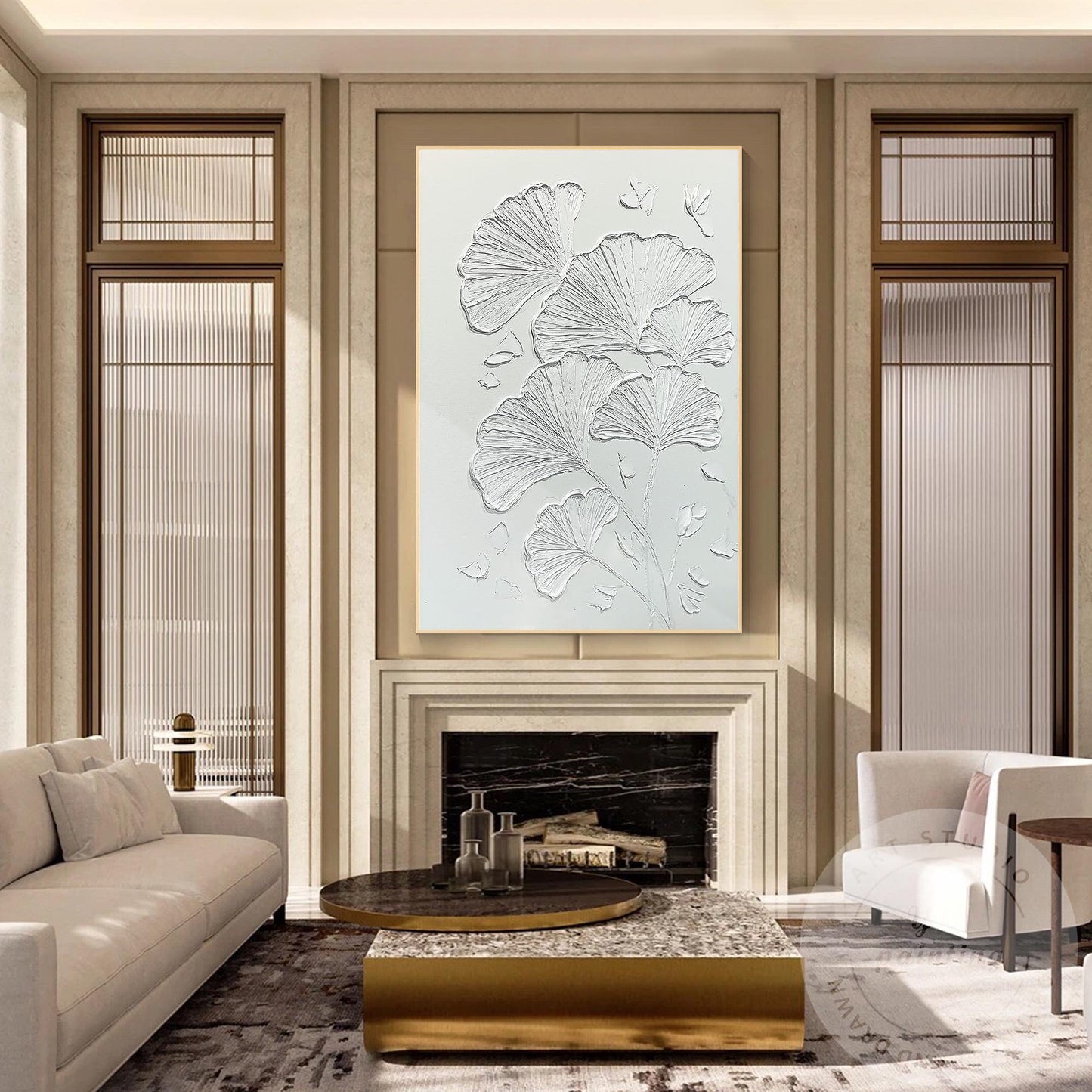 Minimalist Ginkgo Leaf Plaster Painting, 3D Textured Wall Art #2