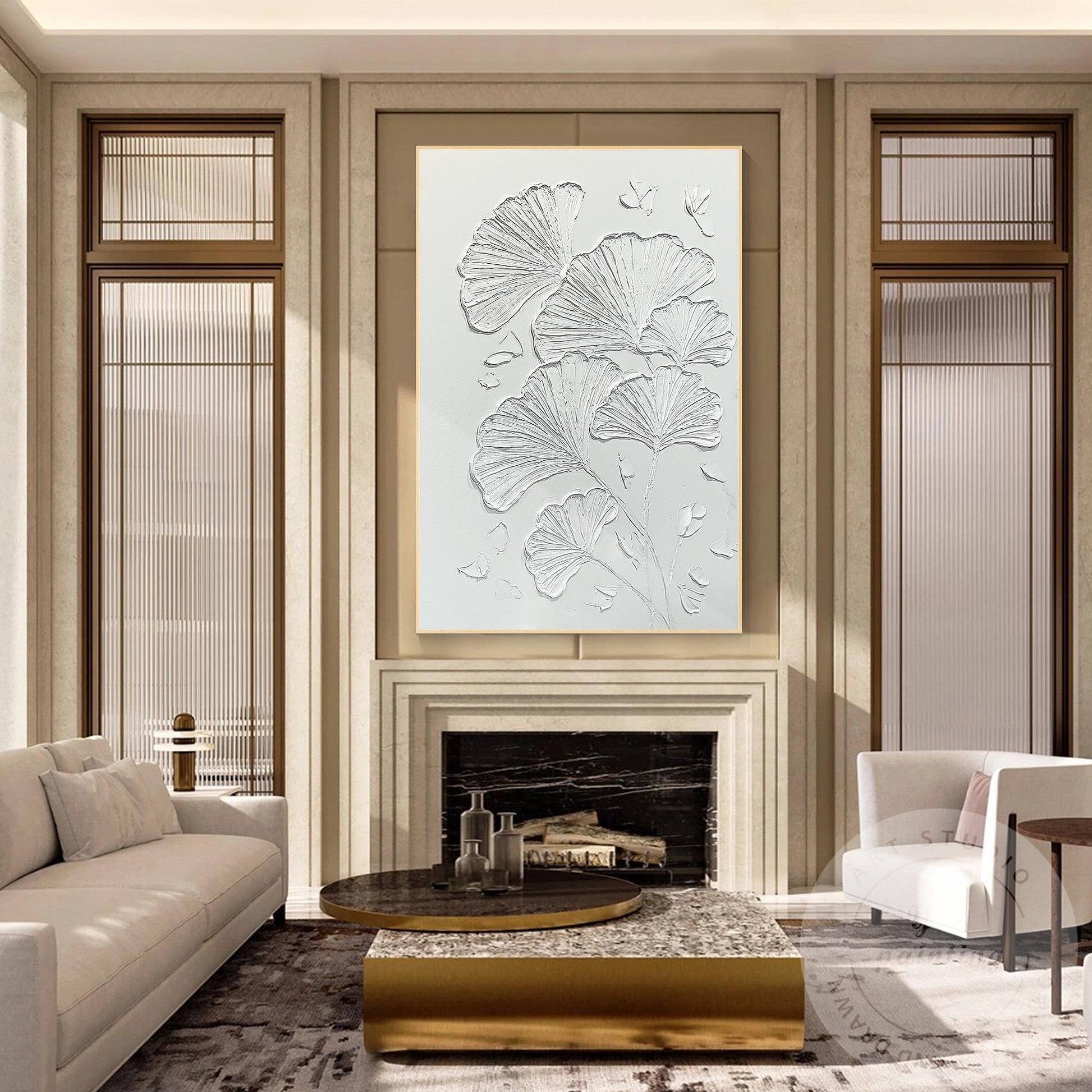 Minimalist Ginkgo Leaf Plaster Painting, 3D Textured Wall Art #2