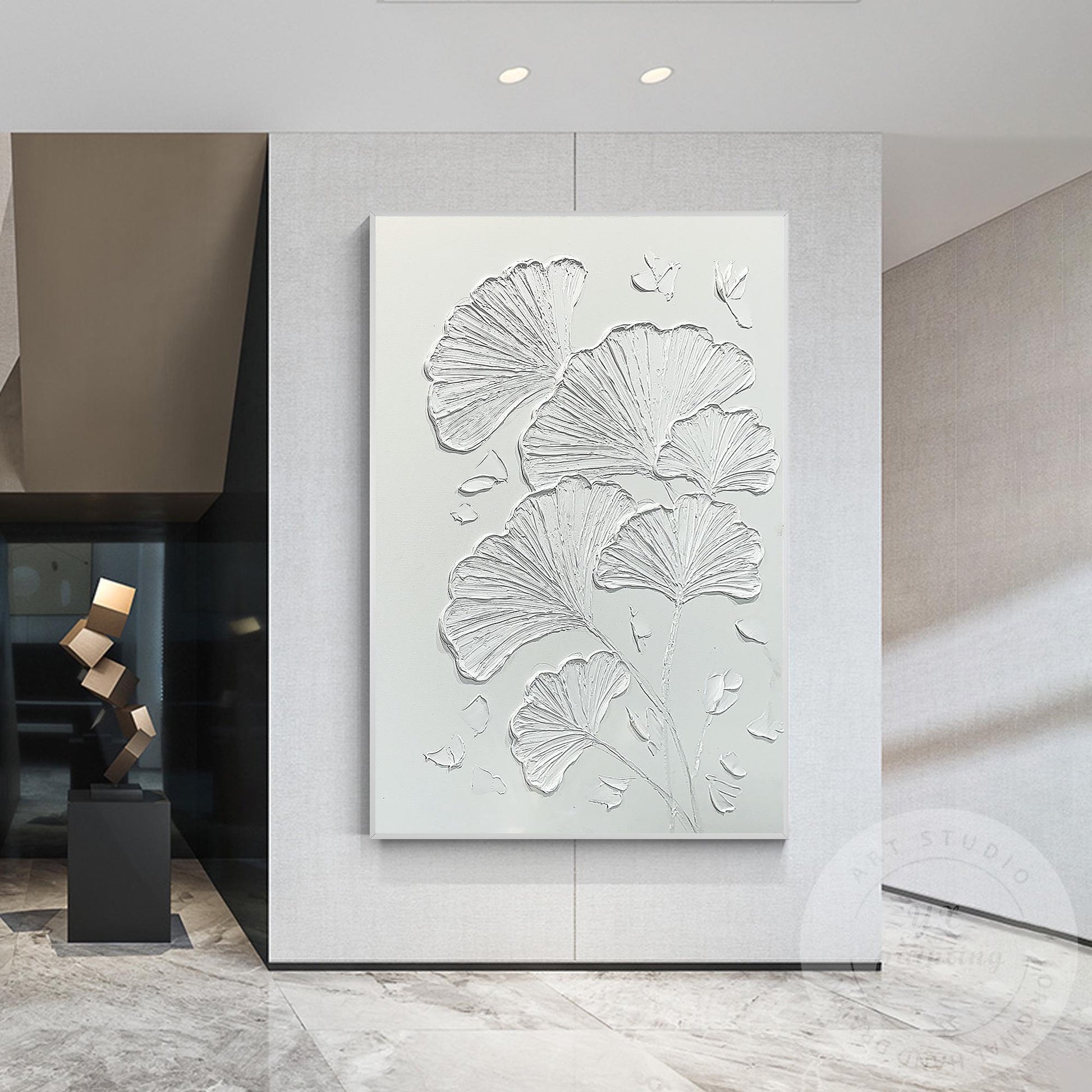 Minimalist Ginkgo Leaf Plaster Painting, 3D Textured Wall Art #3