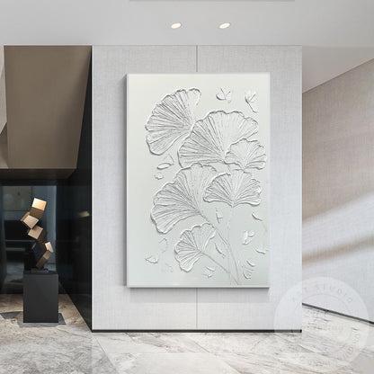 Minimalist Ginkgo Leaf Plaster Painting, 3D Textured Wall Art #3