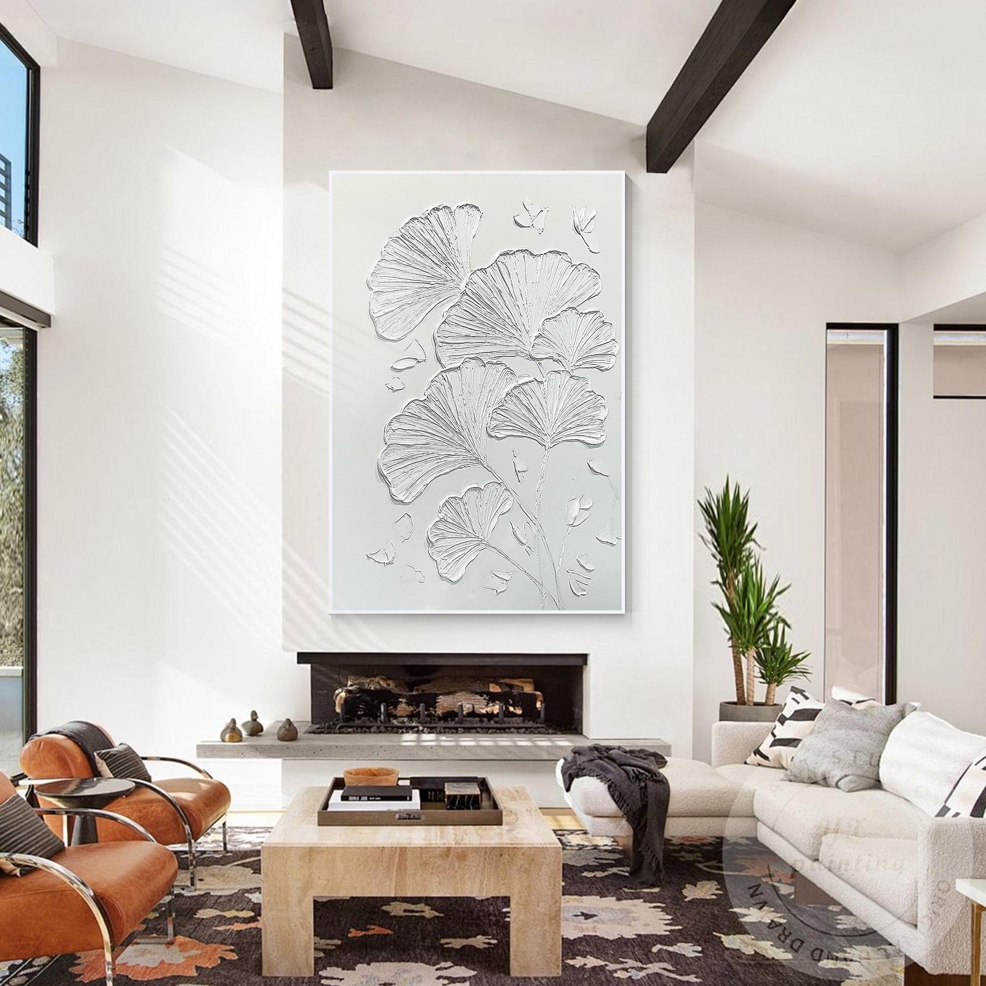 Minimalist Ginkgo Leaf Plaster Painting, 3D Textured Wall Art #4