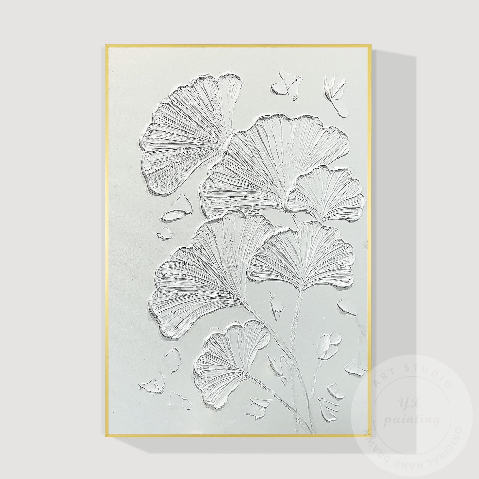 Minimalist Ginkgo Leaf Plaster Painting, 3D Textured Wall Art #9