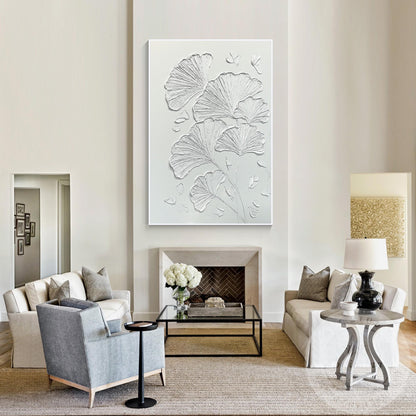 Minimalist Ginkgo Leaf Plaster Painting, 3D Textured Wall Art #1