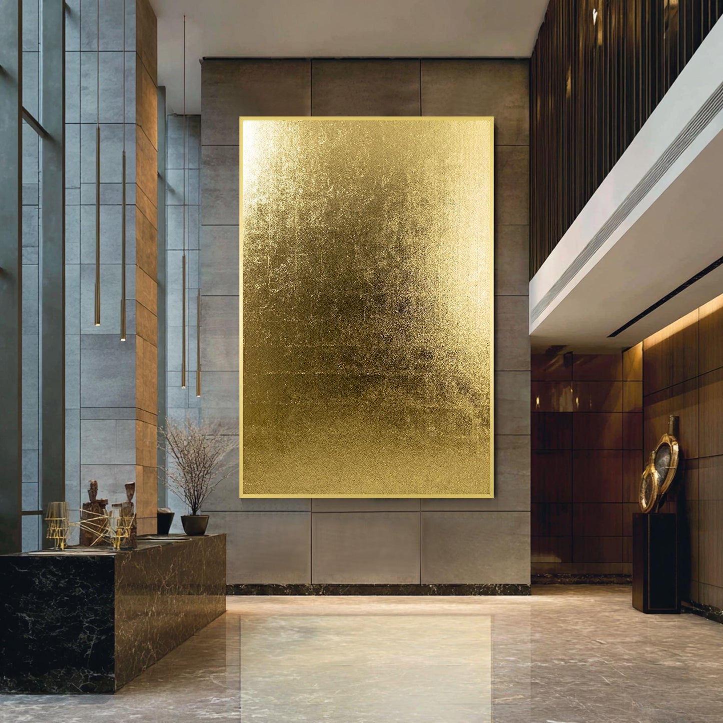 Minimalist Gold Foil Abstract Wall Art, Vertical Large Framed Canvas, Modern Lux #2