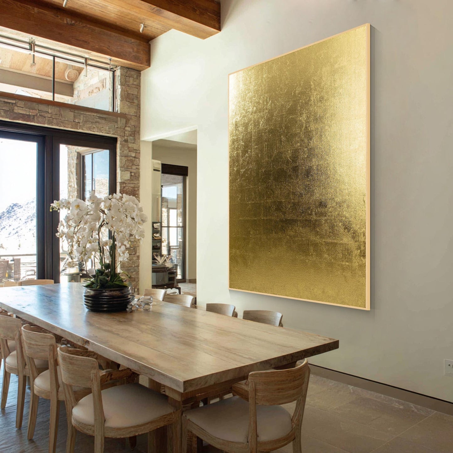 Minimalist Gold Foil Abstract Wall Art, Vertical Large Framed Canvas, Modern Lux #3