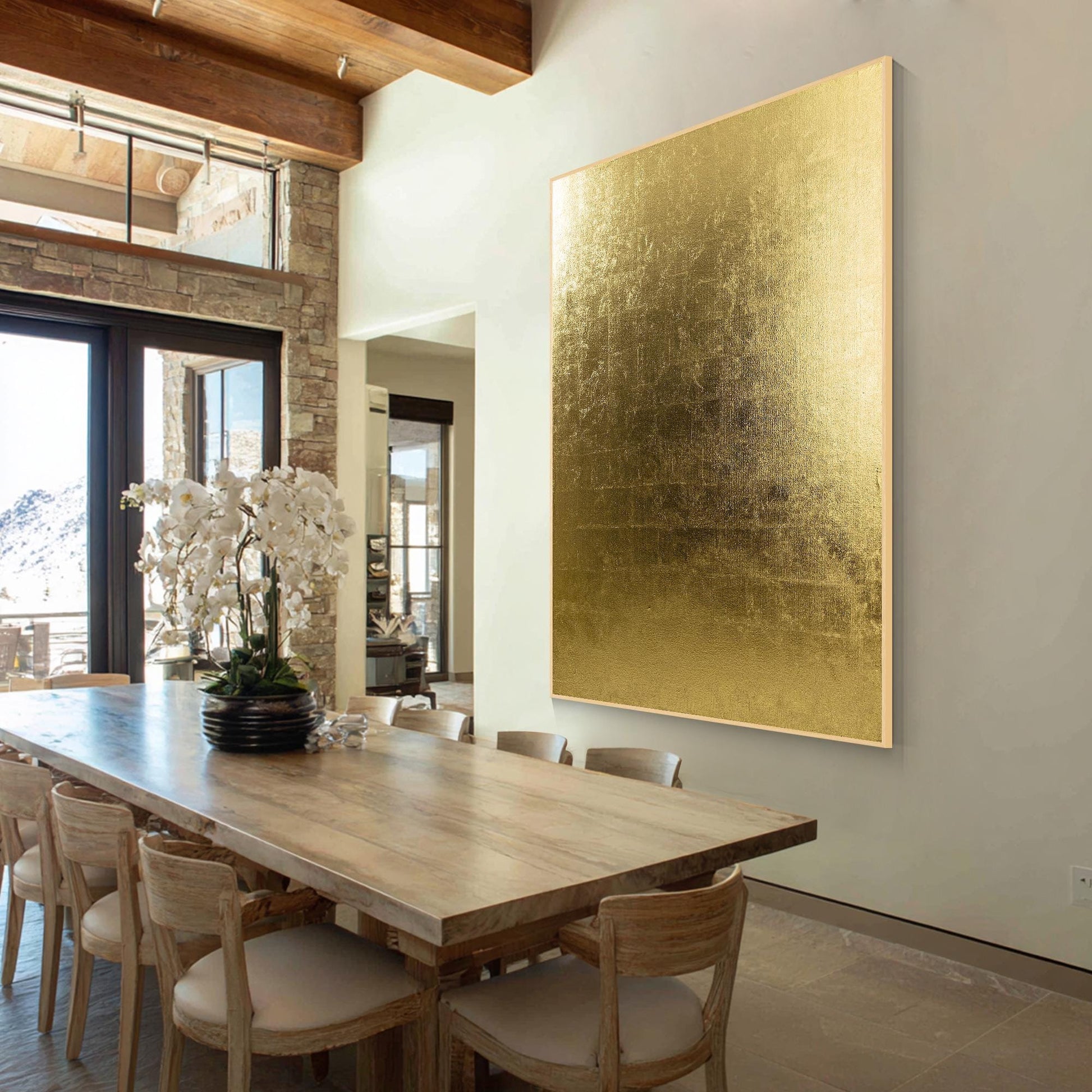 Minimalist Gold Foil Abstract Wall Art, Vertical Large Framed Canvas, Modern Lux #3