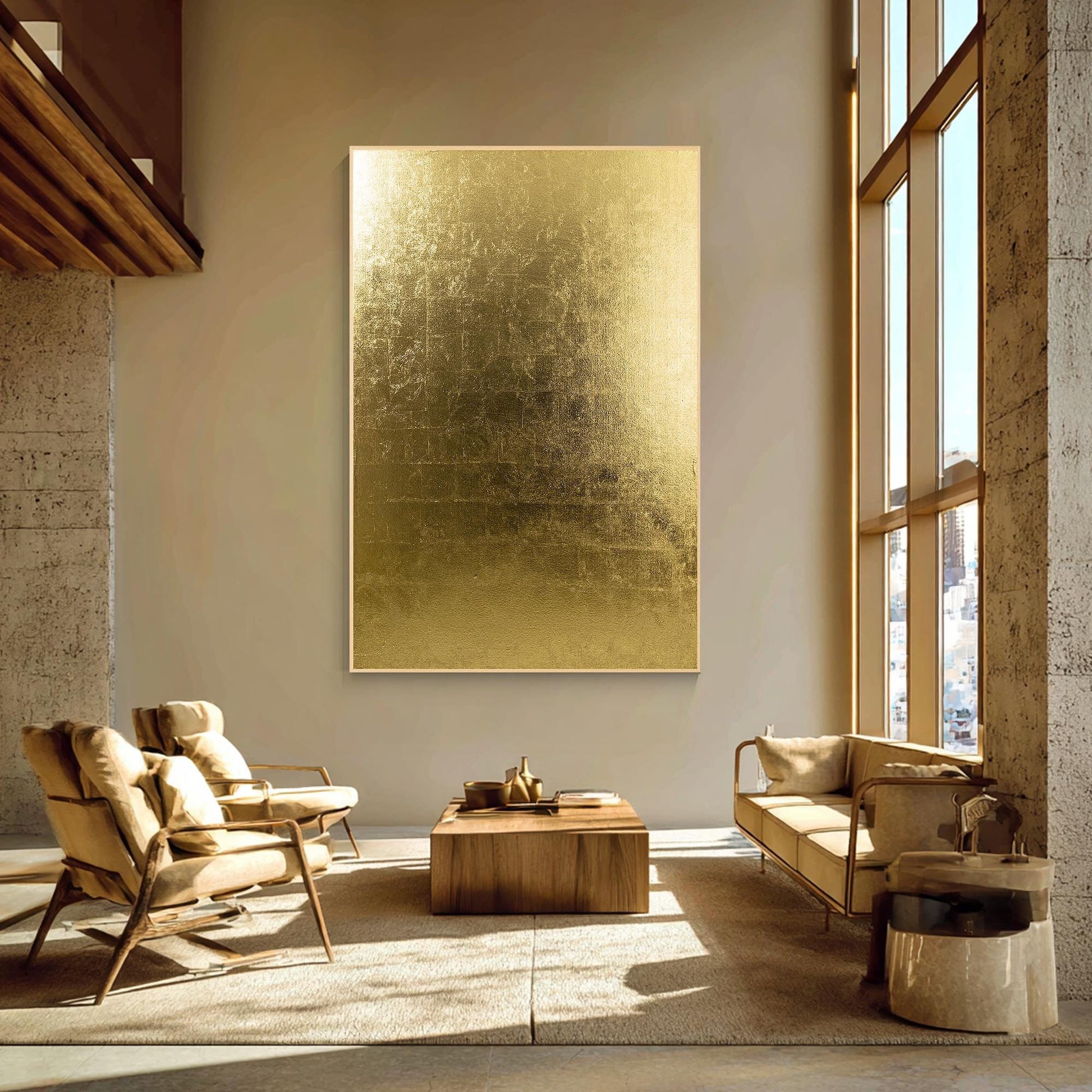 Minimalist Gold Foil Abstract Wall Art, Vertical Large Framed Canvas, Modern Lux #4